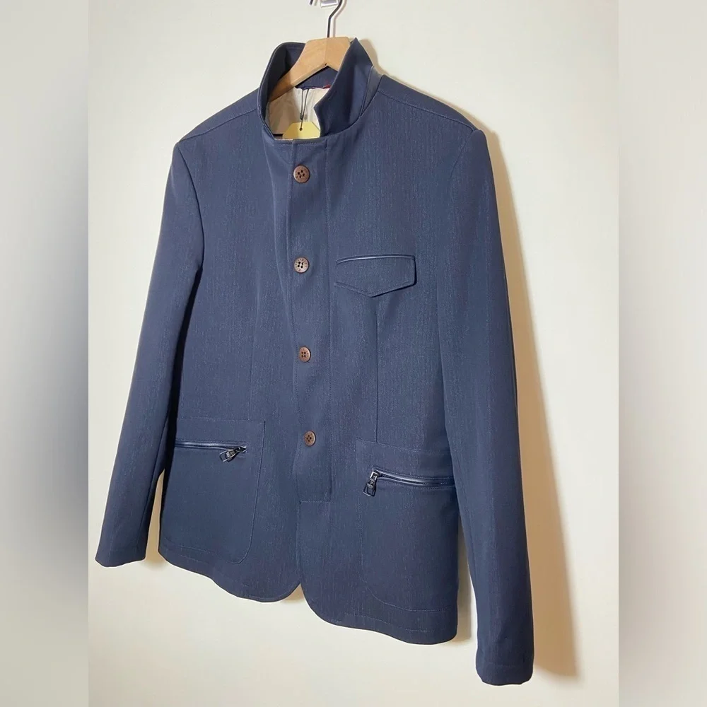 RNT23 Blazer Jacket Mens Size 46 Denim Leather Trim Full Zip Sport Coat NWT $259